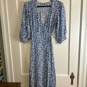 Floral Blue and White Wrap Dress